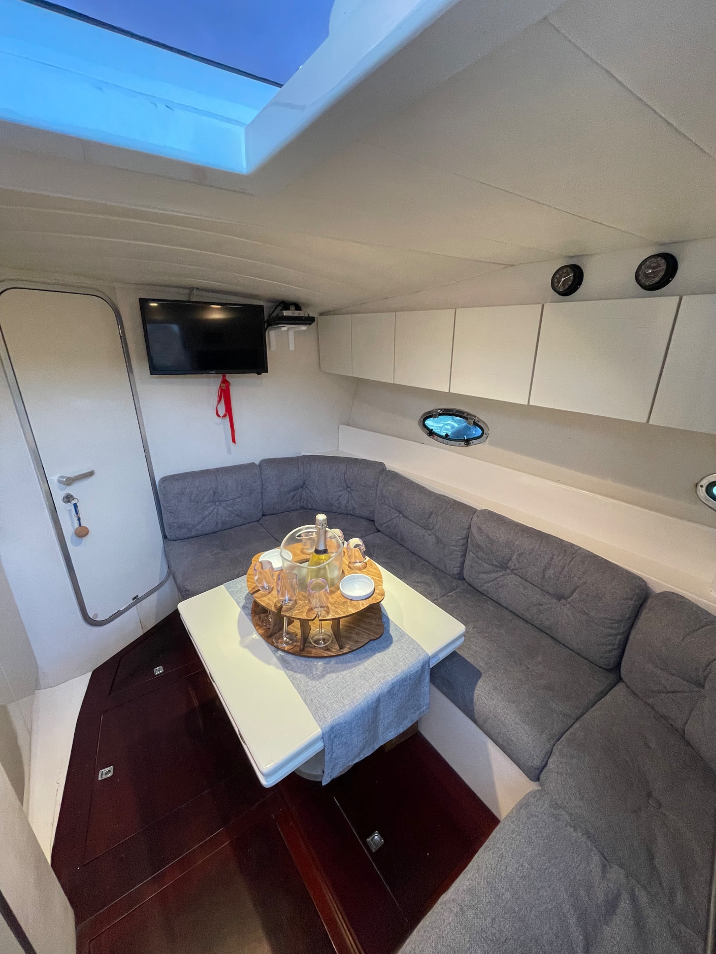 The below-deck saloon, set for aperitivo